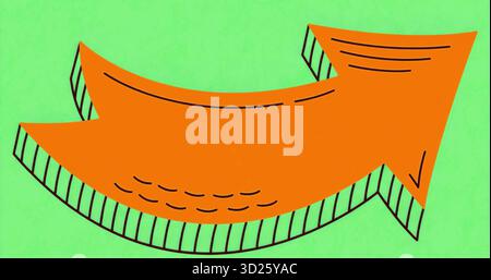 Curving orange arrow pointing right on lime green backdrop, showing hatch shading and accent dashes Stock Photo