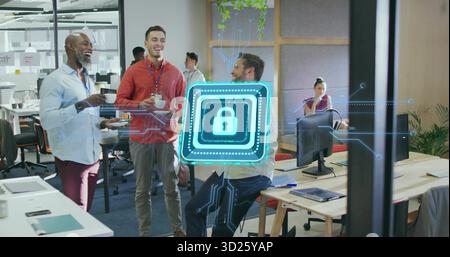 Standing three office workers chatting at desk in office with coffee cups and holographic padlock Stock Photo