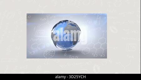 Floating glossy blue glass globe rotating in soft grey gradient backdrop, with chemical sketches Stock Photo