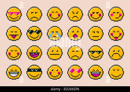Pixel Art Emojis Set. Isolated Retro Clip Art. Stock Vector