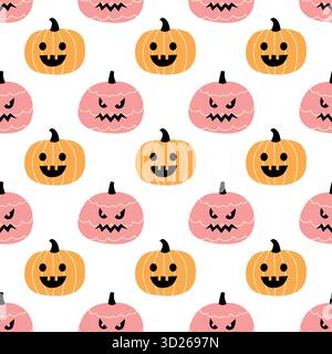 Cute Minimal Halloween Pumpkin Pattern, Pink and Orange Jack O Lantern Seamless Background Stock Vector