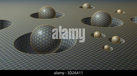 Retro-futuristic 80s grid landscape with geometric spheres in polygonal holes, vintage synthwave and science fiction art Stock Vector