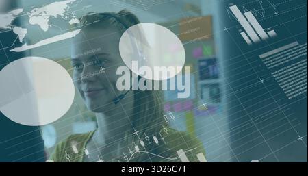 Businesswoman wearing headset analyzing data on digital display in office, with candlestick charts Stock Photo