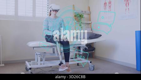Using VR headset and prosthetic leg woman training on bench in rehab clinic with holographic icons Stock Photo