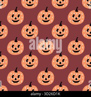 cute halloween pumpkin seamless pattern with smiling jack o lantern faces Stock Vector
