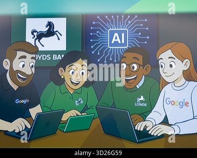 Poster Featuring Four IT Professionals from Google and Lloyds Retail Bank Discussing AI Technology, with an AI Logo Displayed on the background wall Stock Photo