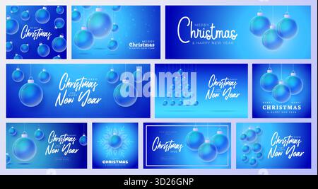 Christmas and New Year sport banner set. Merry Christmas futuristic neon greeting card collection with xmas ball as a bauble. Vector illustration coll Stock Vector