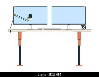 Professional dual-monitors desk setup with microphone arm 2D cartoon object Stock Vector