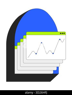 Stacked browser windows with line graph 2D cartoon object Stock Vector