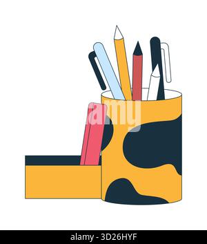 Stationery in cow-print pencil holder 2D cartoon object Stock Vector