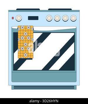 Retro oven with floral pattern towel 2D cartoon object Stock Vector