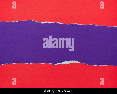 Strip of torn purple paper on red background, Copy space. Stock Photo