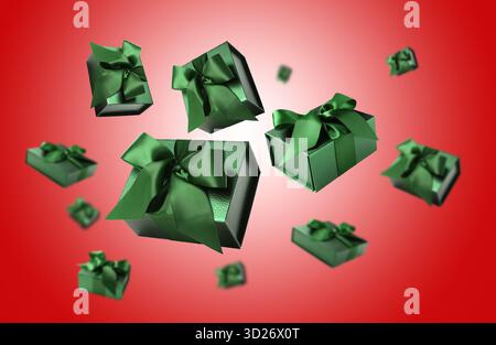 Gift boxes flying in air on red gradient background Stock Photo