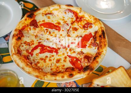 A pizza with cheese and red peppers sits on a white plate. The pizza is placed on a table with a few other items, including a sandwich and a cup. The Stock Photo