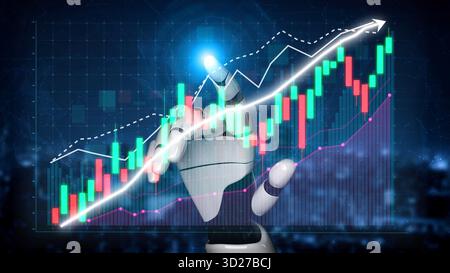 A robotic hand interacts with dynamic financial charts, showcasing market growth and data analysis in a high-tech digital environment, symbolizing inn Stock Photo