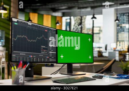 Close up of green screen computer monitor displaying candlestick graphs with stock market shares volatility. Trading interface on chroma key PC showing financial data analysis of stock exchange assets Stock Photo