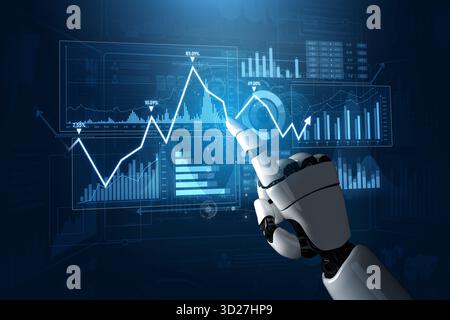 A robotic hand interacts with dynamic digital graphs and statistics, showcasing the integration of technology in financial analysis and decision makin Stock Photo