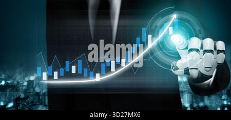 A businessman with a robotic hand interacts with a digital graph displaying an upward trend, symbolizing growth and innovation in business. Impute Stock Photo