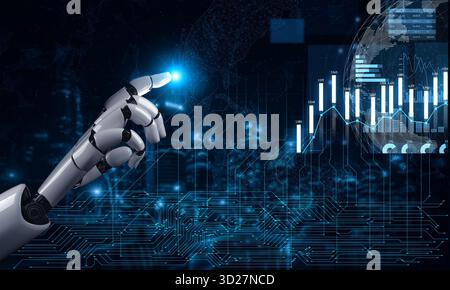 A futuristic robotic hand interacts with a high-tech data analytics interface. The scene showcases the blend of artificial intelligence and modern tec Stock Photo