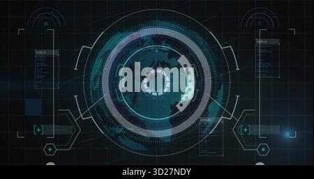 Displaying circular HUD in virtual control panel, highlighting concentric rings, world map mesh Stock Photo