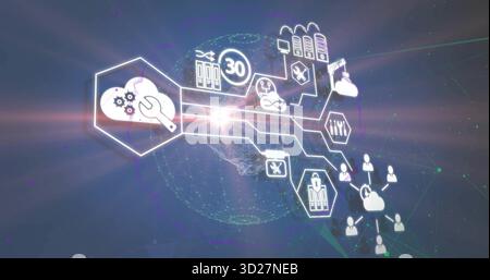 Displaying digital network globe at virtual space, linking cloud server rack tool and user icons Stock Photo