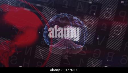 Floating translucent 3D brain hovering in medical interface, with alphanumeric and Greek overlays Stock Photo