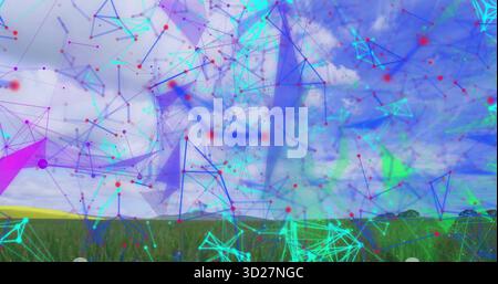 Displaying digital network overlay across open rural meadow, glowing nodes and connecting lines Stock Photo