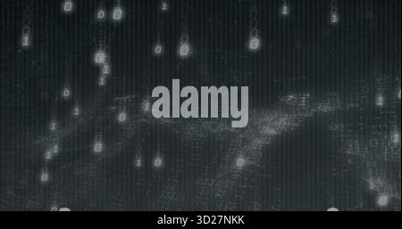 Streaming glowing binary digits cascading on 3D grid surface in network, faint node connections Stock Photo