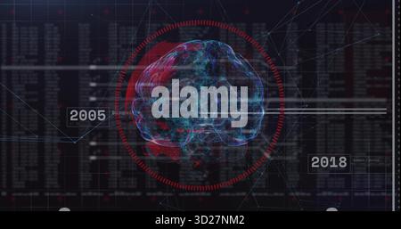 Displaying holographic brain model floating in digital grid with timeline 2005-2018 and red scanner Stock Photo