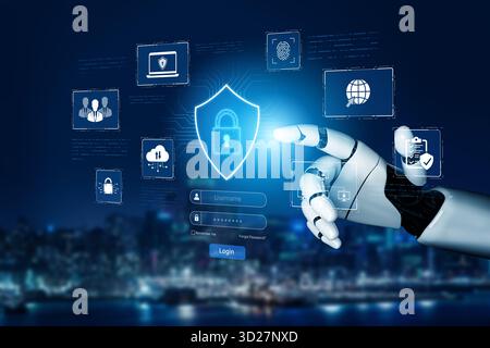 An AI assistant manages a comprehensive cybersecurity platform. The system uses intelligent authentication and access control to protect the corporate Stock Photo