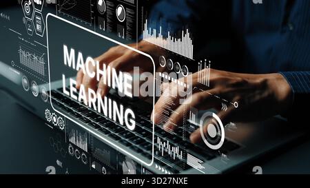 Futuristic Technology Concept with Hands Typing on Laptop and Machine Learning Graphics Overlay. Asymptotic smart data analytic. Stock Photo