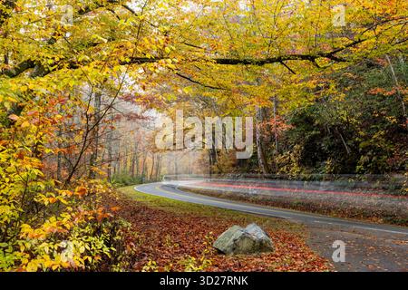 Motion blur of car driving down winding road in autumn - Pisgah National Forest near Brevard, North Carolina, United States Stock Photo