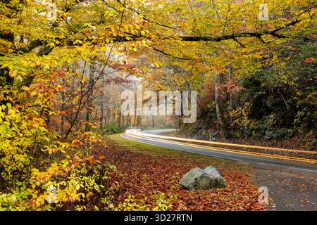 Motion blur of car driving down winding road in autumn - Pisgah National Forest near Brevard, North Carolina, United States Stock Photo