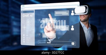 Explore a cutting-edge virtual reality interface designed for engaging chatbot interactions, showcasing automation and AI capabilities in a futuristic Stock Photo