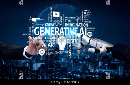 A captivating representation of the collaboration between human creativity and AI technologies, symbolizing the future of digital innovation and artis Stock Photo