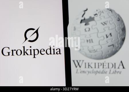 Bandung, West Java, Indonesia. 31st Oct, 2025. In this photo illustration, Grokipedia logo is displayed on a smartphone with Wikipedia logo in the background. (Credit Image: © Algi Febri Sugita/ZUMA Press Wire) EDITORIAL USAGE ONLY! Not for Commercial USAGE! Stock Photo