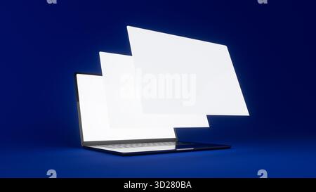 Laptop with three floating screens in the foreground. Blue background. Blank template for your website design. Ready for layout. High-resolution rende Stock Photo