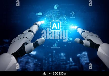 A generative AI assistant displays its core platform capabilities. This technology demonstrates its use in business automation, data analysis, and cre Stock Photo
