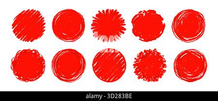 Red circle marker set. Circle frame design in red crayon brush lines and ink marks. Marker strokes with hand drawn doodle style create dynamic splash and paper drip. Vector illustration Stock Vector