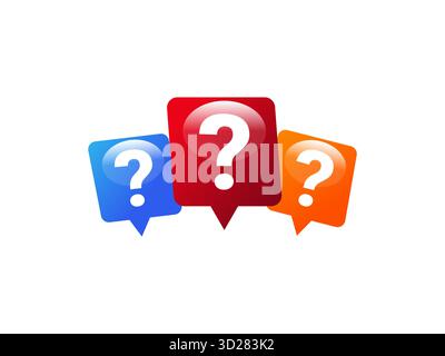White question mark placed inside colorful blue red and orange speech bubbles representing inquiry help curiosity or question concept perfect Stock Vector