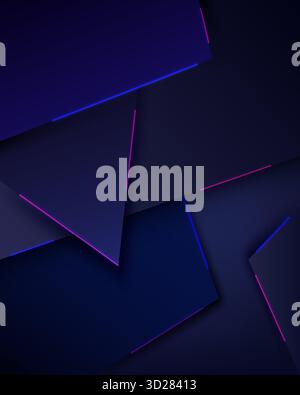 Sleek dark abstract background with geometric overlapping shapes accented by glowing neon magenta and electric blue lines perfect for high tech and co Stock Vector