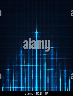Digital Technology Growth Concept: Abstract Glowing Blue Arrows Rising on Dark Futuristic Grid Background, Representing Business Progress and Data Vis Stock Vector