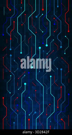 Complex Abstract Digital Technology Background: Glowing Blue and Red Circuit Board Network for Data Flow and Future Computing Concepts, Virtual Cyber Stock Vector