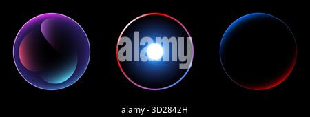 Abstract glowing spherical orbs. vibrant purple, blue, and red gradients set against a dark background, perfect for a modern technology or science con Stock Vector