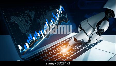 This image showcases a robotic hand engaged with a laptop, illustrating stock market trends through vibrant data visualizations, symbolizing technolog Stock Photo