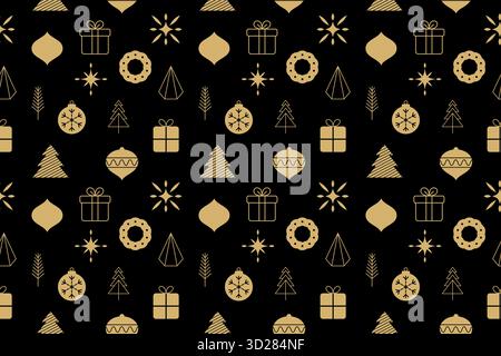 Elegant gold christmas pattern seamless design with festive icons on dark background. Stock Vector