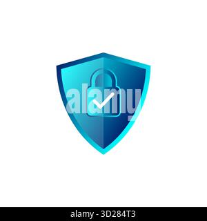 Blue gradient shield with lock and check mark representing security protection privacy and verification concept ideal for cybersecurity technology Stock Vector