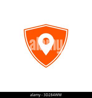 Orange shield with location pin icon symbolizing gps navigation protection digital security map safety privacy and location tracking Stock Vector