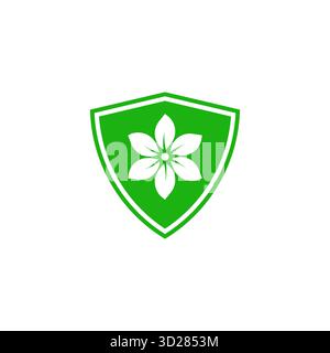 Green shield with leaves and flower icon symbolizing eco protection natural growth and safety vector design isolated on white background Stock Vector
