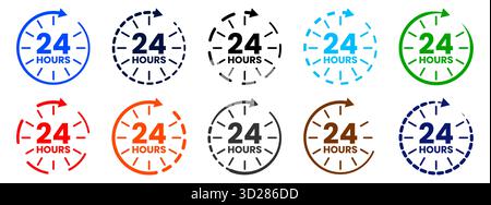 24 Hours Service Icon Set, Clock Arrow Time Symbol, Around the Clock Support Logo Collection Stock Vector